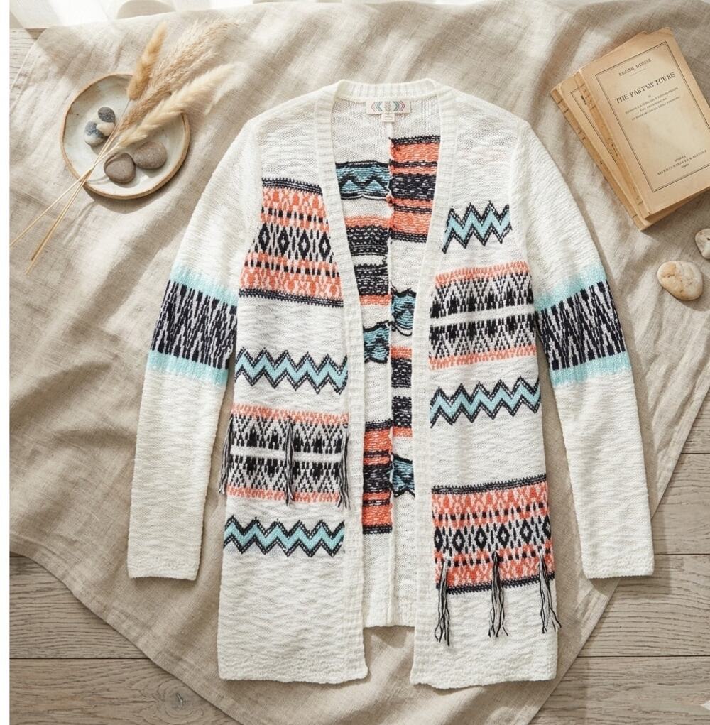 Pink Rose Bohemian Tribal Cardigan - Size L - Ivory Pink Tassel Duster